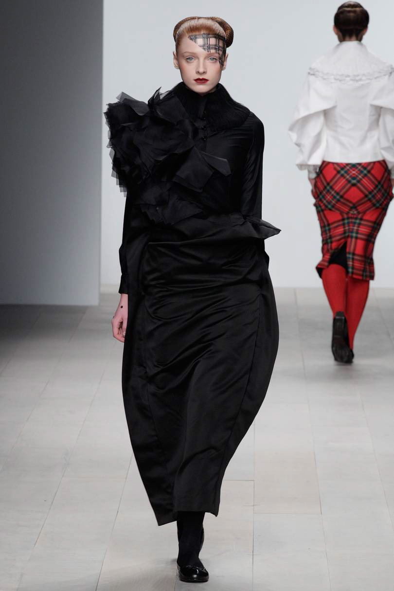 Ruff Gathered Blouse with Tulle Wrap and Long Block Skirt 