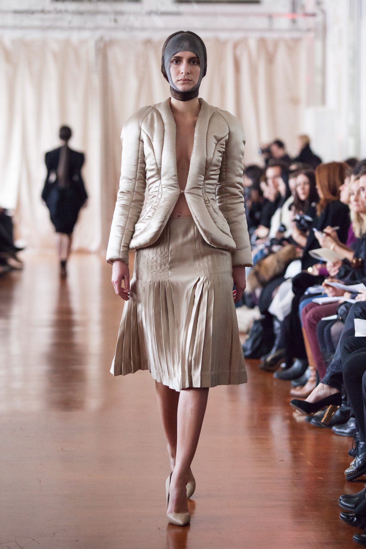  Gold Padded Jacket and Pleated Skirt